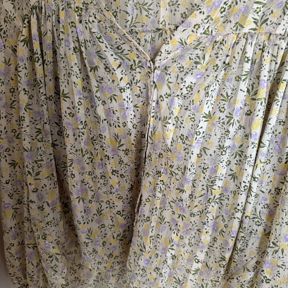 ZARA Preppy Summer Blouse Floral V-Neck Collared Balloon Sleeve Pleated Top - Picture 8 of 15